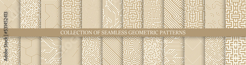 Collection of vector seamless geometric patterns. Striped beige abstract backgrounds. Elegant linear textures. Endless unusual golden prints.