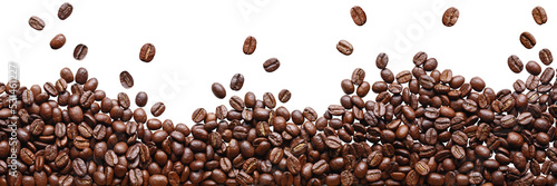 A lot of brown coffee beans lies and levitates, flat lay, grains isolated, on a white background