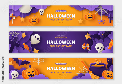 Happy Halloween banners set, party invitation background with clouds, bats and pumpkins in paper cut style. Vector illustration. Full moon, spider web, ghost, skull. Place for text. Trick or treat