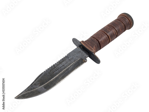 Rusty old hunting knife with leather handle isolated.