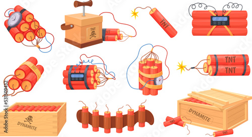 Tnt dynamite. Cartoon bomb with burning wick and explosive detonator, red stick box mining blast charge, destroy firecracker miniature fuse burning