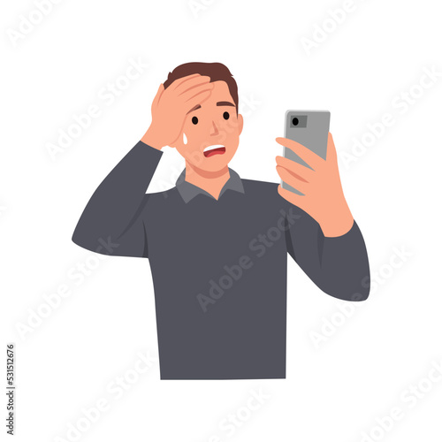 Young man texting using smart phone, stressed with hand on head, shocked, surprise face, angry and frustrated. Fear and upset for mistake. Flat vector illustration isolated on white background