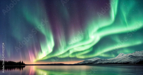 Northern Lights over lake. Aurora borealis with starry in the night sky. Fantastic Winter Epic Magical Landscape of snowy Mountains 