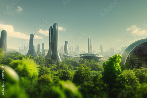 Sci-Fi Green Utopia Futuristic City Environmentalism Concept 3D Art Illustration. High Rise Sustainable Buildings in Green Ecological Metropolis Background. Environmental Protection AI Generated Art