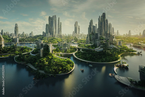 Green Utopia Futuristic Metropolis on the Coast of a Tropical Sea 3D Art Illustration. Environment Friendly Green Ecologic Sci-Fi City Conceptual Background. AI Neural Network Generated Art Wallpaper