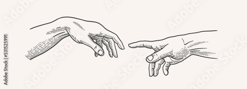 Human brushes pointing at each other in a woodcut style. Stylized hands with frescoes by Michelangelo for your design. Vector vintage illustration on a light background.