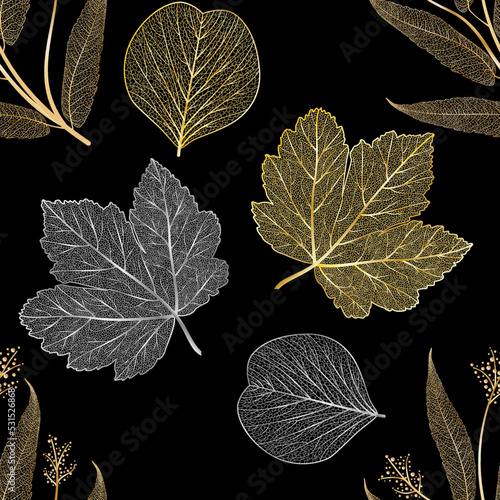 Seamless pattern with gold and silver leaves.Vector illustration.