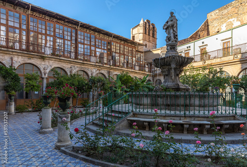 Palermo, Italy - July 7, 2020: Glimpse of the Cloister of the Monastery of Santa Caterina d'Alessandria, once it was a cloister monastery of the Dominican Order.