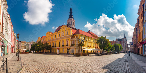 Panorama of sunny Market Square in Old Town of Swidnica, Silesia, Poland.