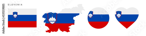 Slovenia flag icon set. Slovenian pennant in official colors and proportions. Rectangular, map-shaped, circle and heart-shaped. Flat vector illustration isolated on white.