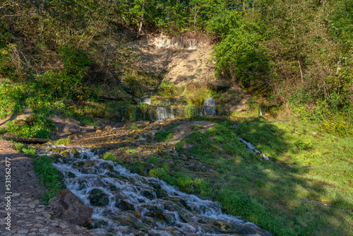 View of the Slovenian Streams (Streams of the Twelve Apostles) in the Izborsko-Malskaya Valley on a sunny summer morning, Izborsk, Pechersk district, Pskov region, Russia