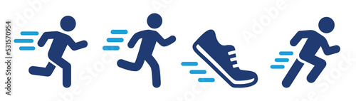 Run icon set. Containing runner and running shoe symbol. Vector illustration.