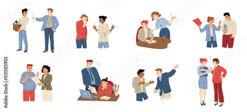 Angry boss yelling at employee, flat vector illustration set. Rude male and female characters shouting, criticizing, firing upset office workers for mistake, bad work. Stressful job and disrespect