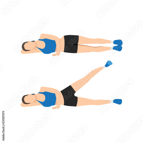Woman doing Lying side leg lifts or lateral raises hip abductors or adductors. Leg Raise Exercise in 2 step. Flat vector illustration isolated on white background