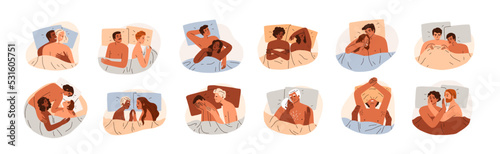 Sex activity, intimate life, bad and good intimacy, libido concept. Diverse happy and sad love couples in sexual relationships set. Flat graphic vector illustrations isolated on white background