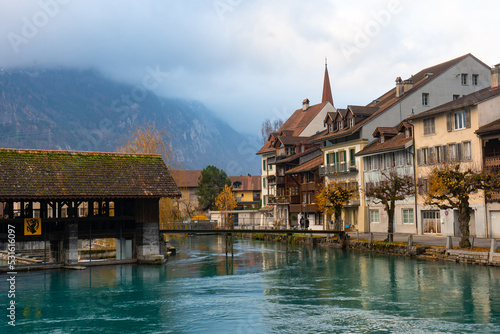 Unterseen , historic and small old town and beautiful square near Interlaken and River Aare during autumn , winter morning : Interlaken , Switzerland : December 3 , 2019