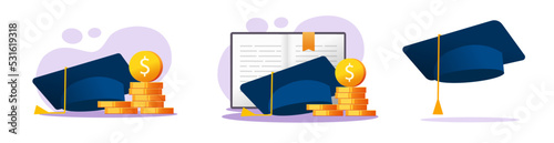 Grant or tuition education fee vector concept, college money budget tax cost, study credit or graduate savings with book, academic hat cap, investment to knowledge, scholarship finance expense image