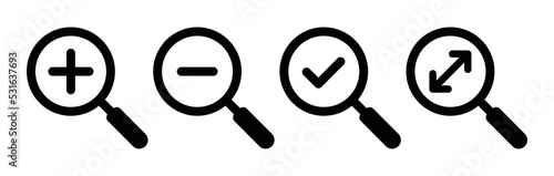 Zoom in and Zoom out icon set. Magnifying glass with plus and minus symbol isolated on white background.