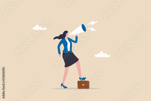 Speak up, communicate with confidence, telling the truth or presentation skill, storytelling, speaker, presentation or shout out concept, confidence businesswoman leader speak out loud on megaphone.