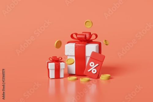 Gift box money coins with coupon promotion card orange background. Special sale discount celebration event. Percent price tag offer and white present in red ribbon for shopping marketing. 3d rendering