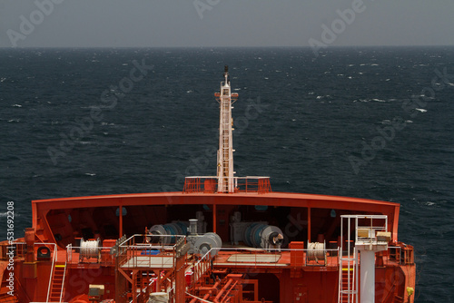 View of the foremast of a merchant ship at sea