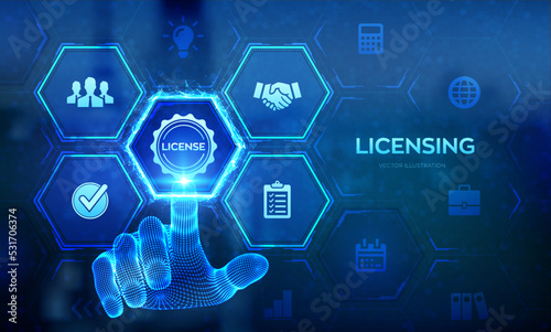 Licensing. License agreement concept. Copyright protection law license property rights. Business technology concept on virtual screen. Wireframe hand touching digital interface. Vector illustration.