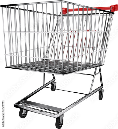 Vertical image of empty supermarket shopping trolley with red plastic handle