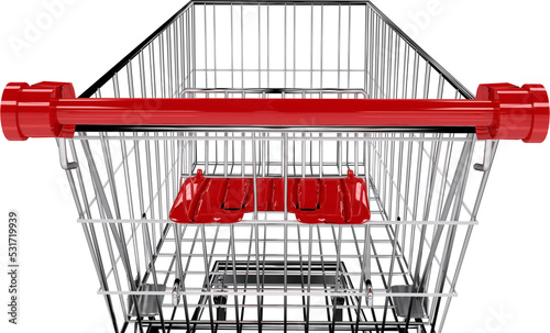 Image of empty supermarket shopping trolley with red plastic handle