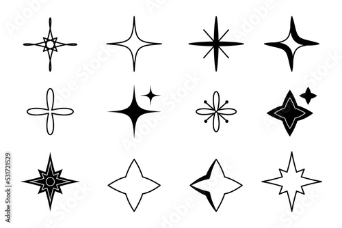 Bling stars, starburst and retro futuristic graphic elements set. Trendy brutal stellar logo and icons collection. Black and white vector template. Digital art design
