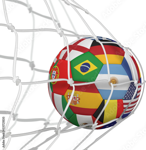 Image of football with national flags hitting net of goal