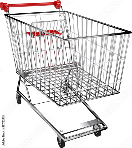 Vertical image of empty supermarket shopping trolley with red plastic handle