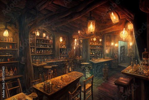 Warm lit friendly medieval fantasy tavern inn, lanterns, concept art interior, adventuring dungeons and dragons.