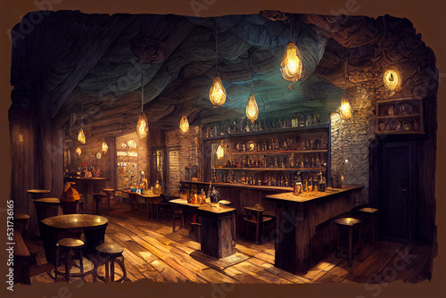 Dark and moody underground dungeons and dragons concept art fantasy tavern inn interior, warm glow. Digital painting