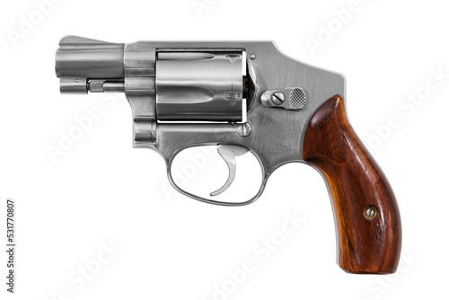 Five shot 38 caliber single action revolver handgun isolated.