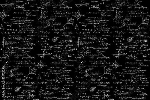 Vintage education background. Trigonometry law theory, mathematical formulas and equations on chalkboard. Vector hand-drawn seamless pattern on blackboard.