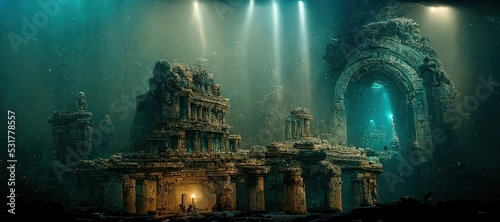 Raster illustration of underwater sunken ancient city. Ruins of an ancient civilization, treasures of atlantis, diving, catacombs, ocean, sea, bay, gate to the city. 3d rendering artwork