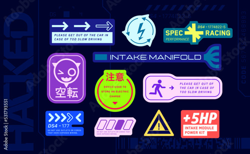 Racing decals stickers. Set of vector stickers and labels in futuristic style. Inscriptions and symbols, Japanese hieroglyphs for danger, attention, AI controlled, high voltage, warning. 