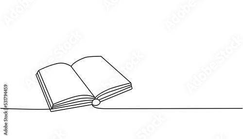 Open book one line continuous drawing. Bookstore, library continuous one line illustration. Vector minimalist linear illustration.