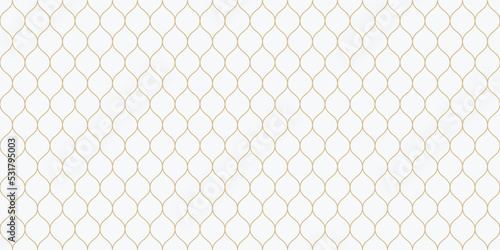 Vector seamless pattern, thin wavy lines. Gold texture of mesh, fishnet, lace, weaving, subtle lattice. Simple golden geometric background. Abstract repeat design for prints, decor, fabric, wallpaper