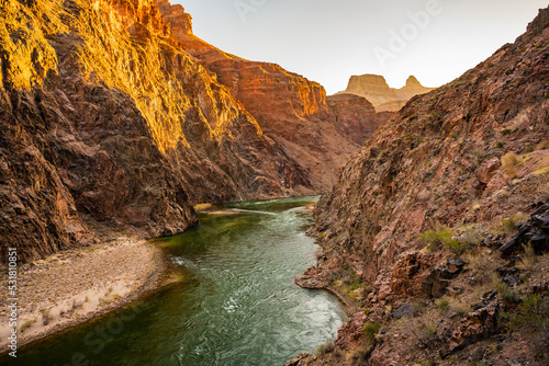 Bottom Of The Grand Canyon Fills With Color As The Sun Begins To Fill The Canyon