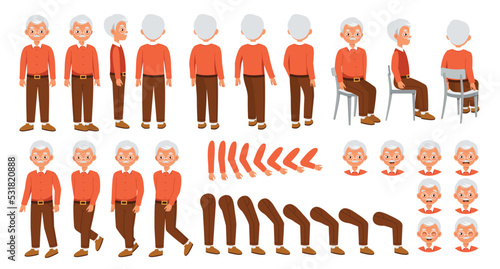 Grandpa character constructor for animation. Stylish retired elderly man in red shirt and glasses. Set of elements of arms, legs, emotions. Cartoon flat vector collection isolated on white background