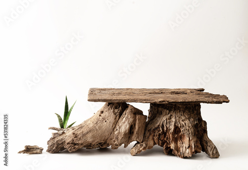 Wood product display podium with nature green leaves for presentation design
