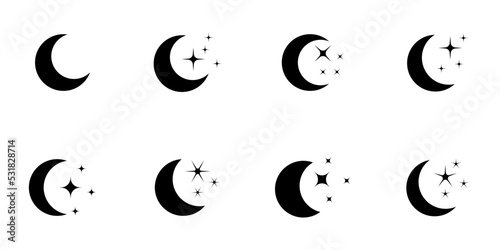 Conjunto de iconos de luna con brillo de luces. Concepto de oscuridad, noche y fases de la luna. Ilustración vectorial