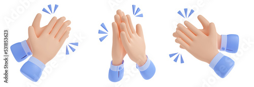 3D illustration set of hands applauding isolated on white background. Human palms with clapping sound effect design. Gesture symbolizing success, congratulation, celebration, excitement, approval