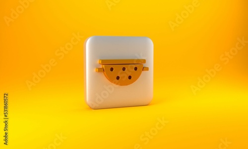 Gold Kitchen colander icon isolated on yellow background. Cooking utensil. Cutlery sign. Silver square button. 3D render illustration