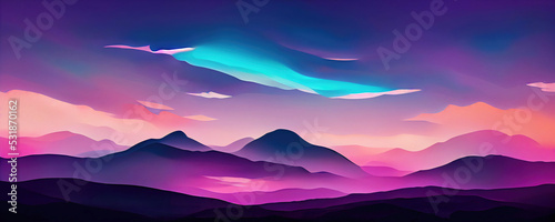 Abstract vintage mountain landscape with neon lights
