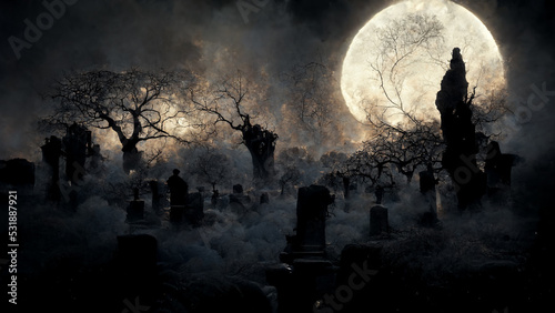 Horror cemetery at night.Digital art