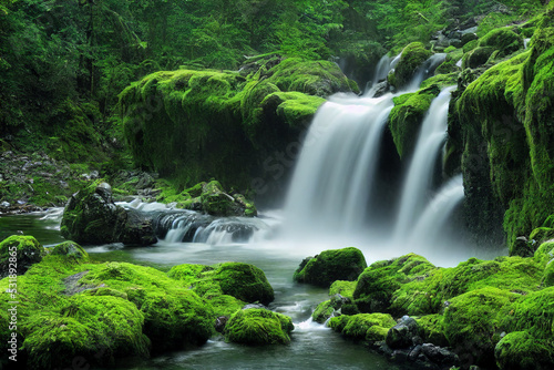 Waterfall cascades in a green forest