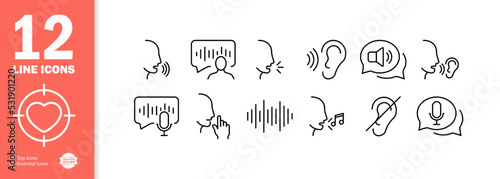 Voice set icon. Speech bubble, voice message, silent mode, mouthpiece, transmitter, voice recorder, sound track, song, voice message. Speech concept. Vector line icon for Business and Advertising