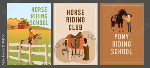 Set of flyers for horse or pony riding school, club, lessons. Rider equipment. Landscape with horse and fence. A4 vector illustration for poster, banner, flyer, advertising.